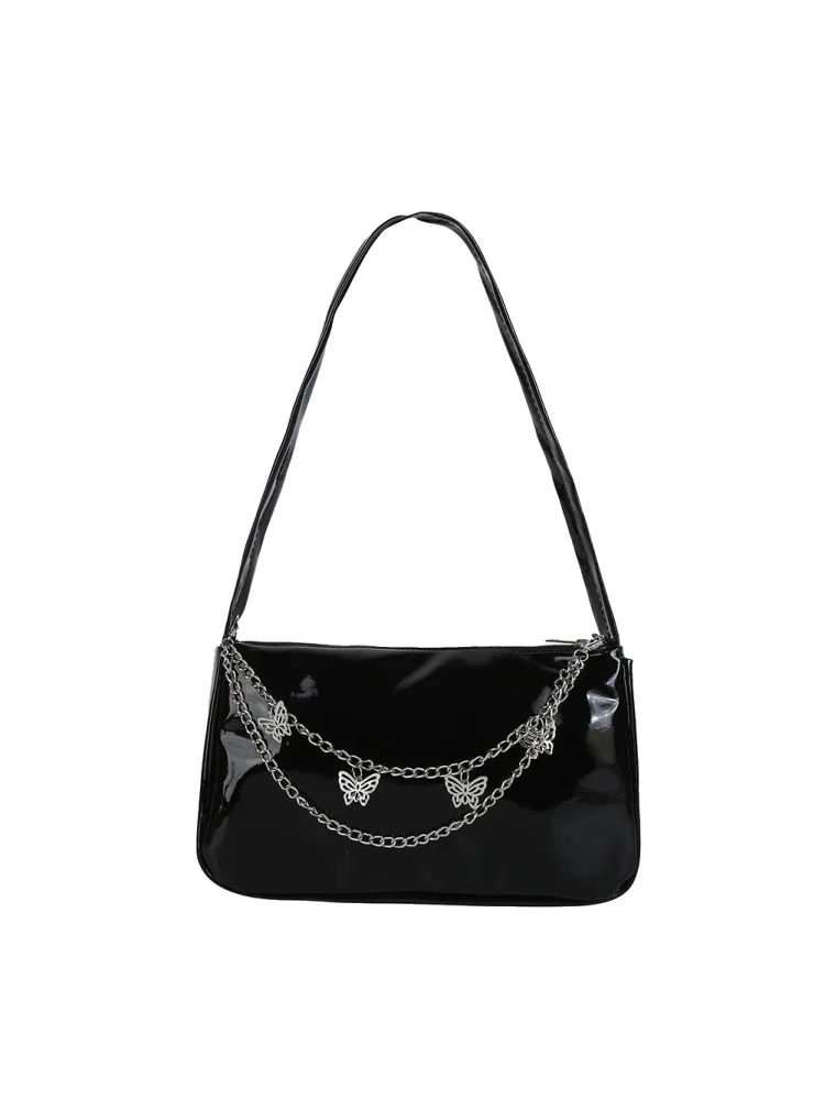 Vintage Women Butterfly Chain PU Underarm Bag Casual Small Handbag (Black)