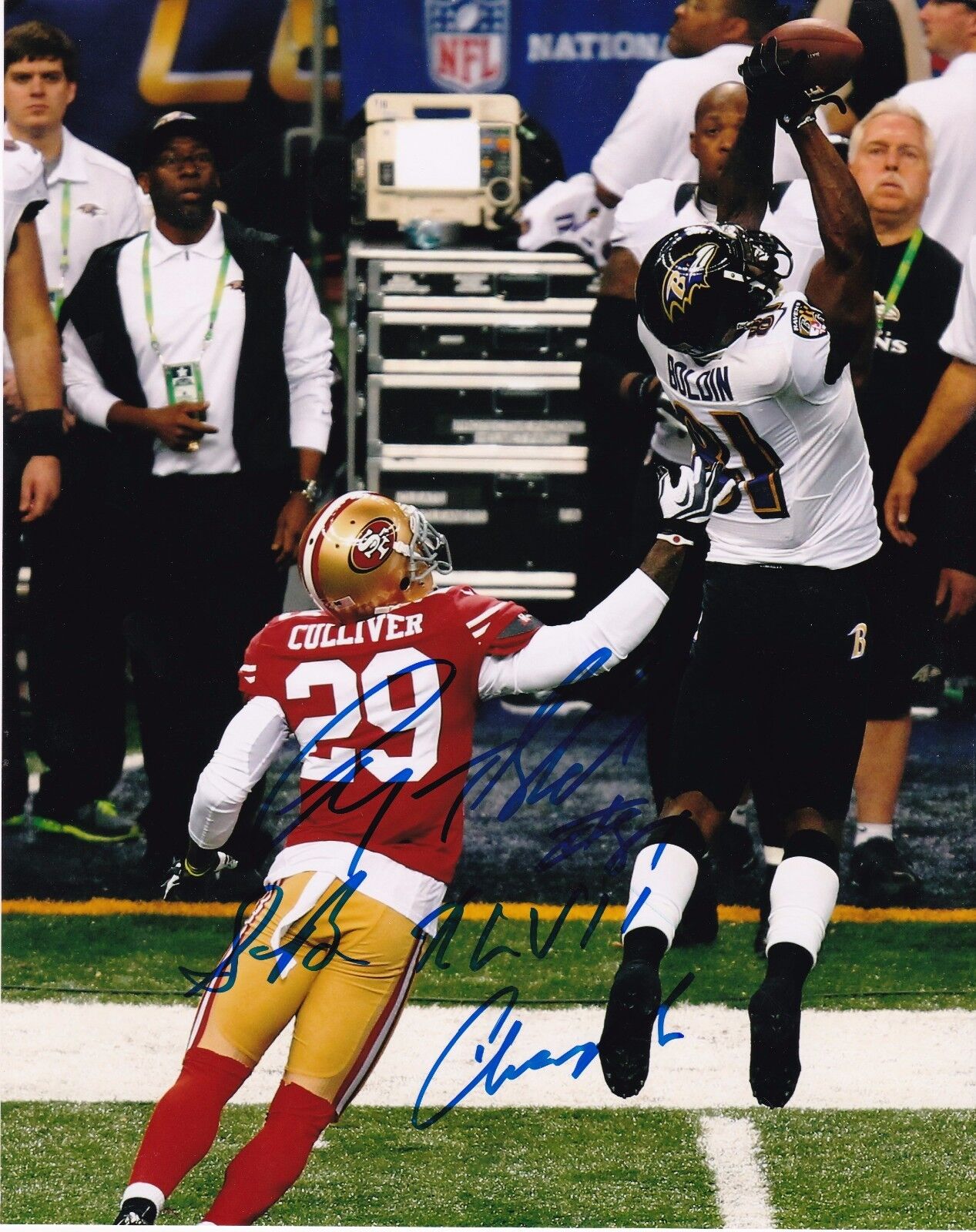 ANQUAN BOLDIN BALTIMORE RAVENS SB XLVII CHAMPS ACTION SIGNED 8x10