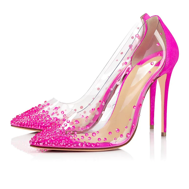 Pink transparent Heels Rhinestone Stiletto Heel Pumps |FSJ Shoes