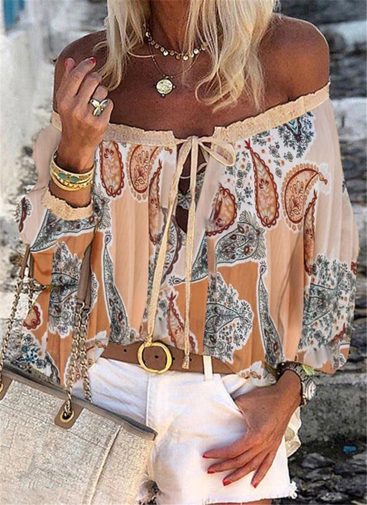 olid Lace Off the Shoulder Long Sleeves Casual Sexy Blouses