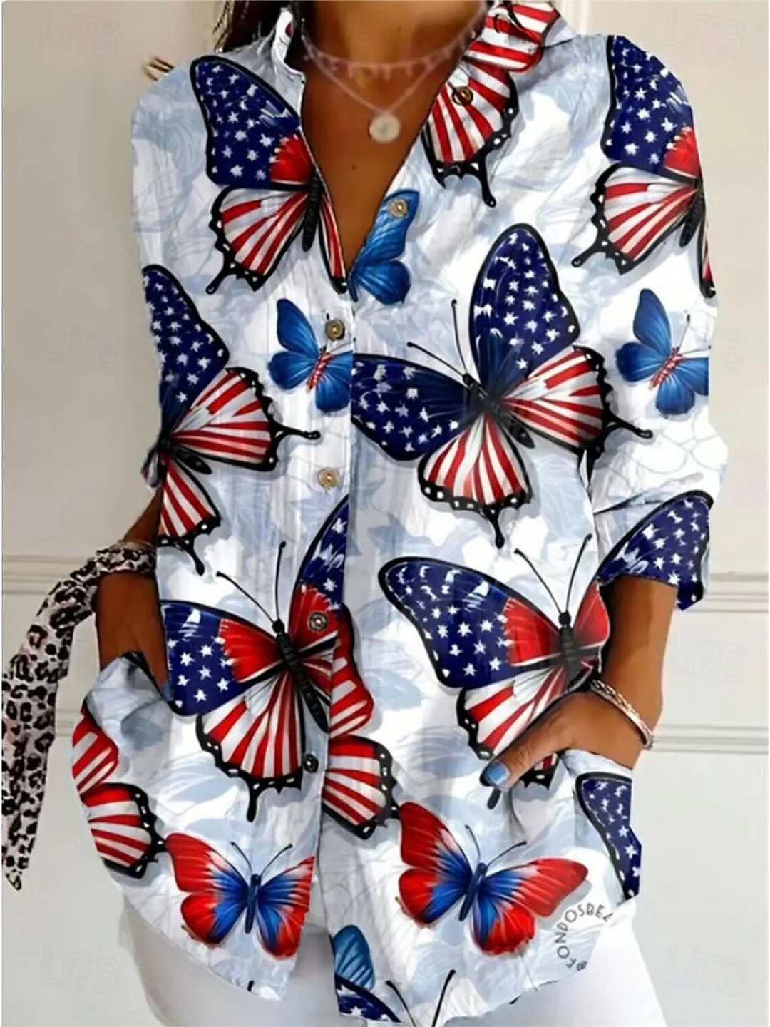 Women 3/4 Sleeve Shirt Collar National Flag Striped Printed Graphic Button Tops