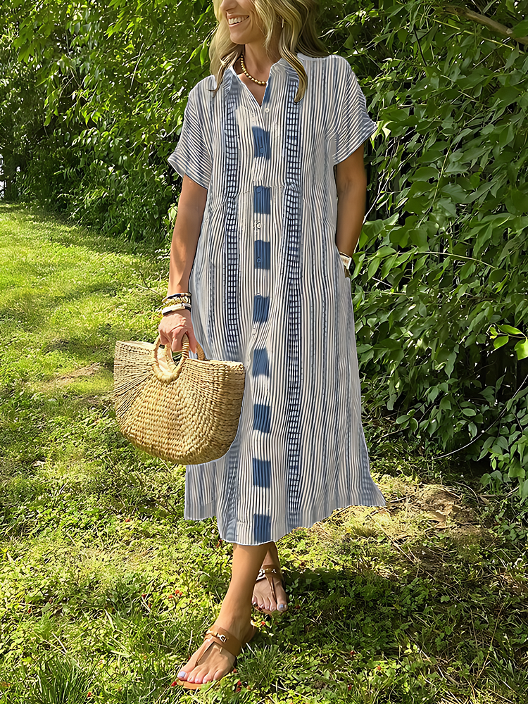 Striped Lapel Button Up Dress
