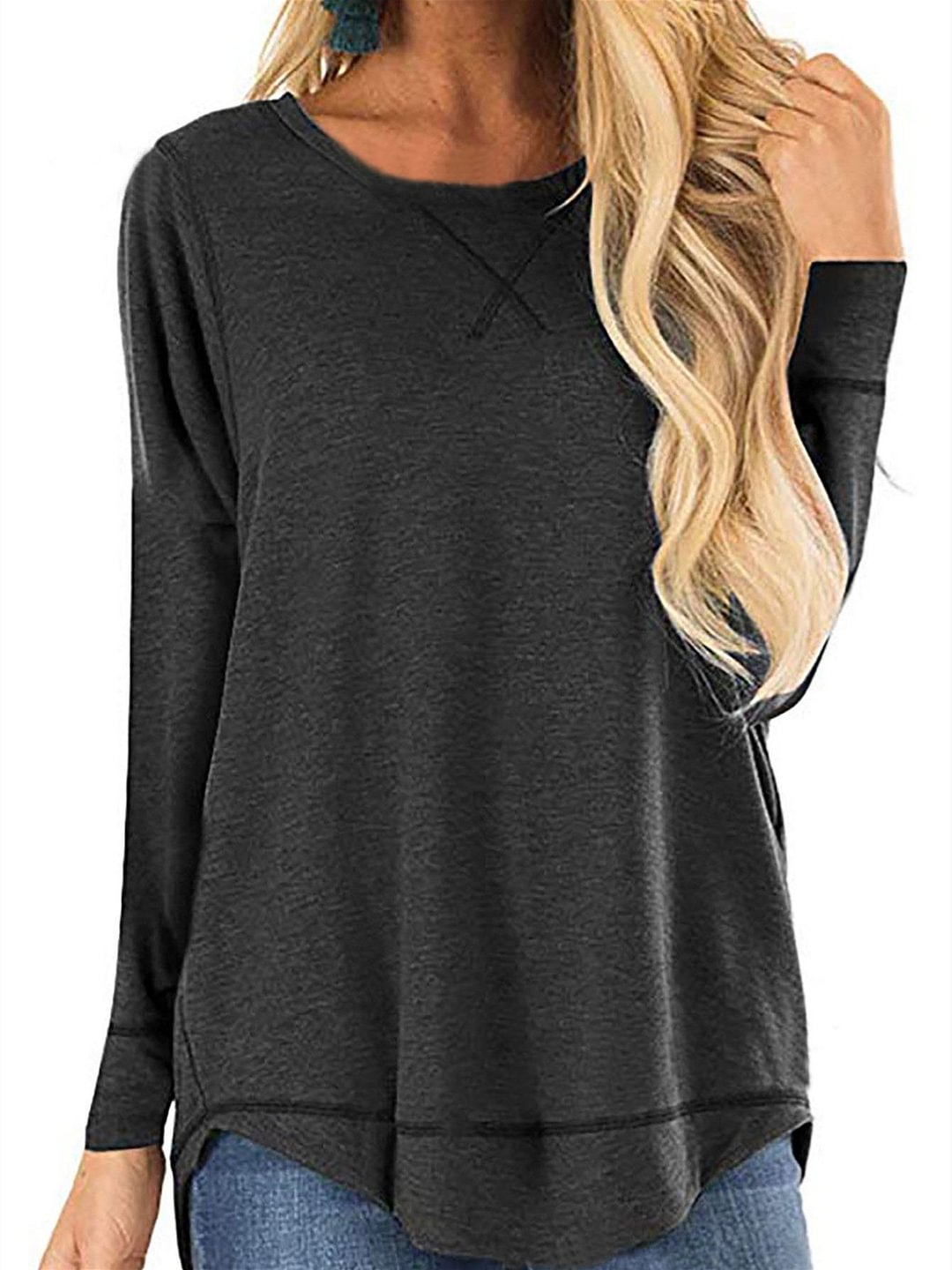 Women Long Sleeve Scoop Neck Solid Color Tops
