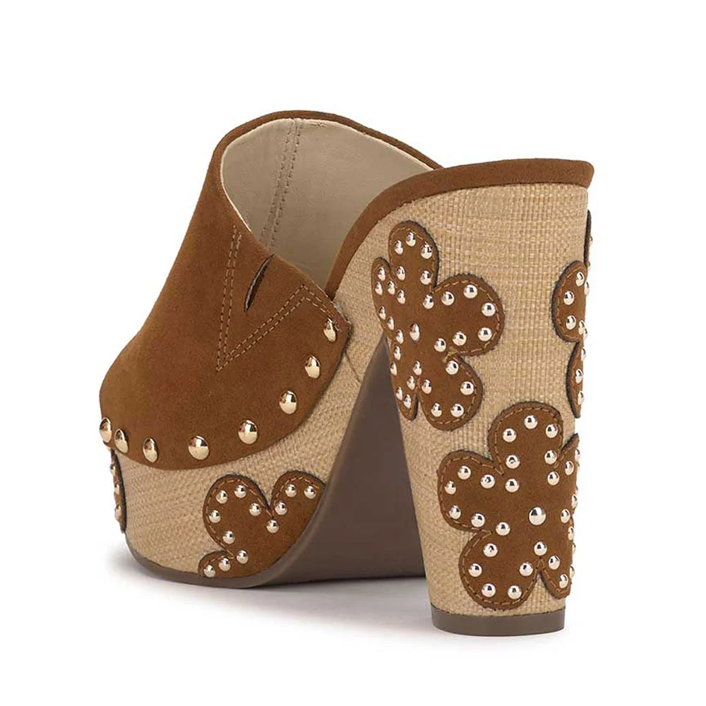 Brown Vegan Suede Open-Toe Studded Chunky Heel Floral Platform Mules