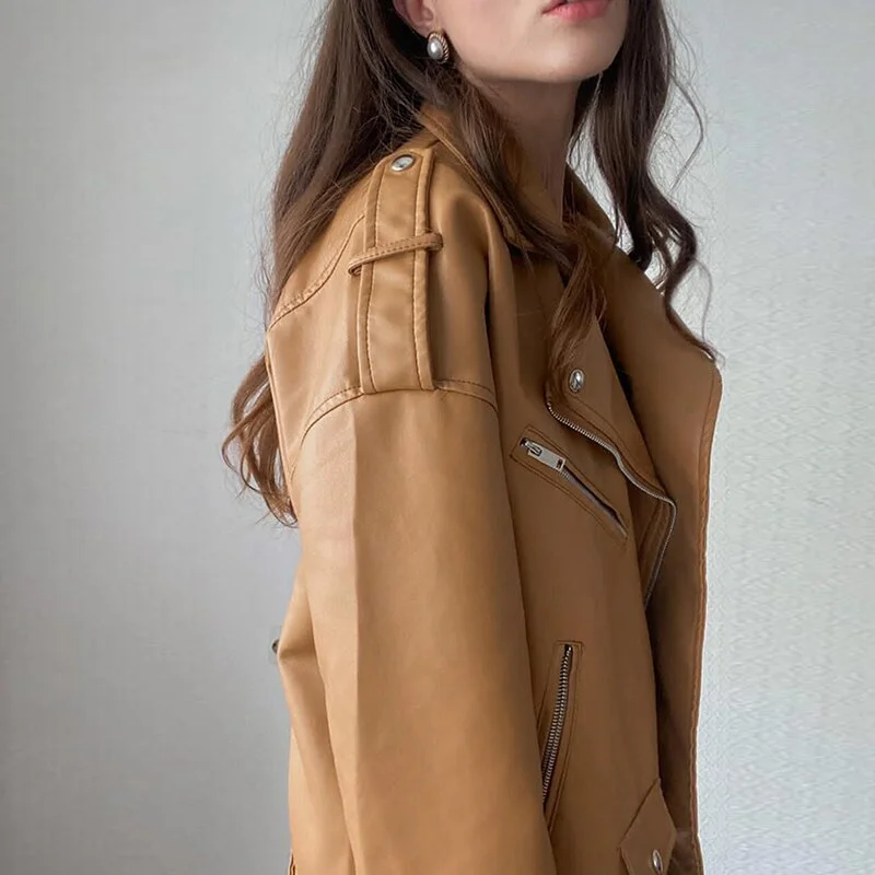 FTLZZ Spring Autumn Women Brown Faux Leather Jacket Moto Biker Punk Style PU Coat Casual Loose Locomotive Outwear with Belt