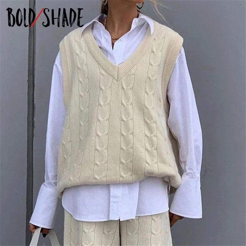 Bold Shade Vintage Streetwear Fashion 90s 2pcs Sets Knitting Twist Sweater Vest and Knee Length Shorts Matching Sets Winter 2021