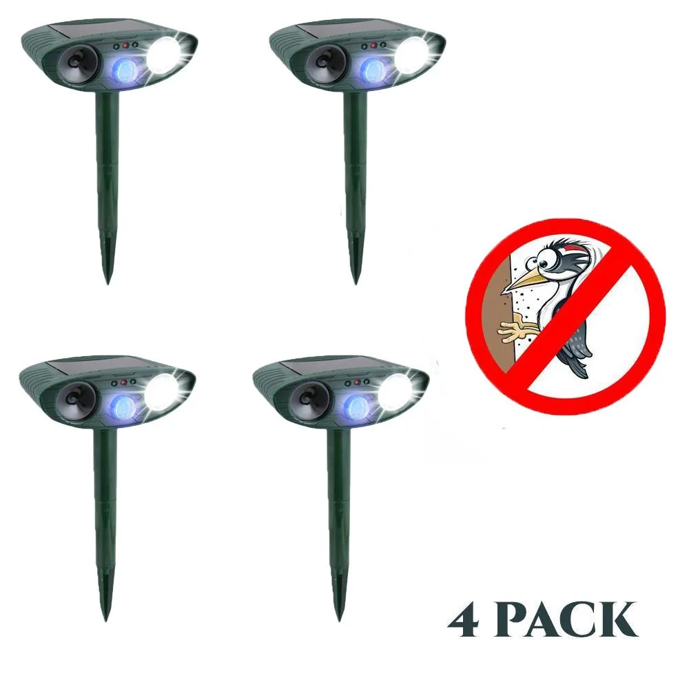 Woodpecker Outdoor Ultrasonic Repeller - PACK OF 4 - Solar Powered Ultrasonic Animal & Pest Repellant - Get Rid of Woodpeckers in 48 Hours or It's FREE - vzzhome