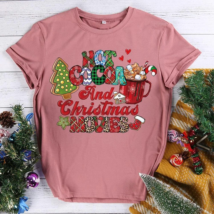 Christmas Hot Cocoa and Movies Round Neck T-shirt-0018583