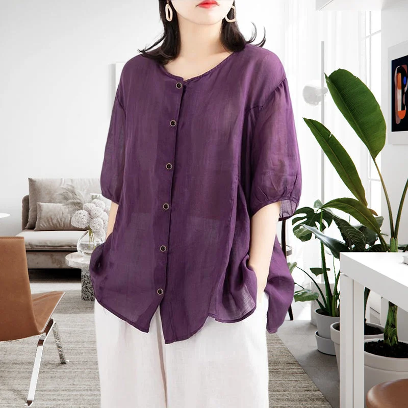 Leisure Solid Color Half Sleeve O-neck Blouse
