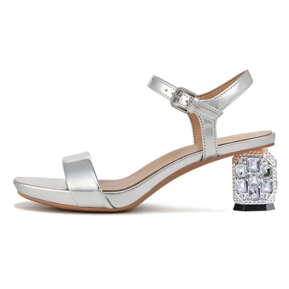 Silver Open-Toe Rhinestone Women's Heel Sandals with Ankle Strap