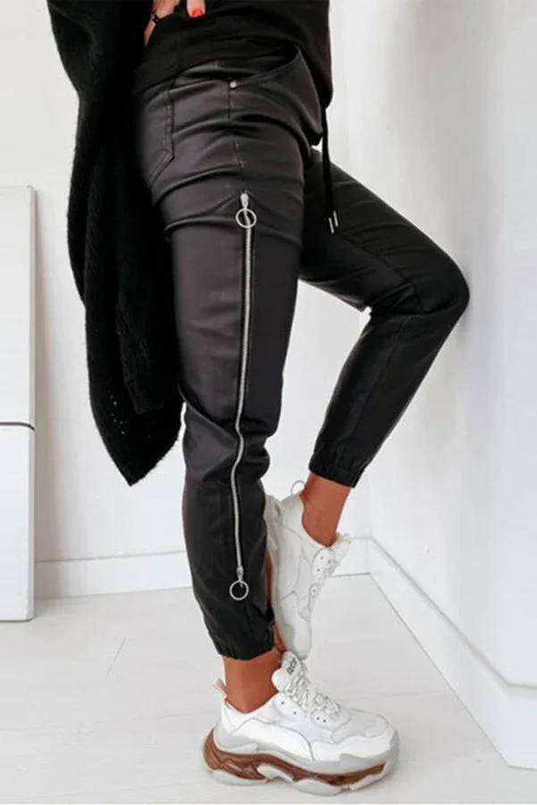 Liya Zipper Design Drawstring Ruched PU Pants
