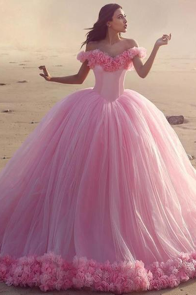 Shiny Off The Shoulder Pink Sweetheart Wedding Dress Rose Appliques Bridal Gown Tulle | Ballbellas Ballbellas