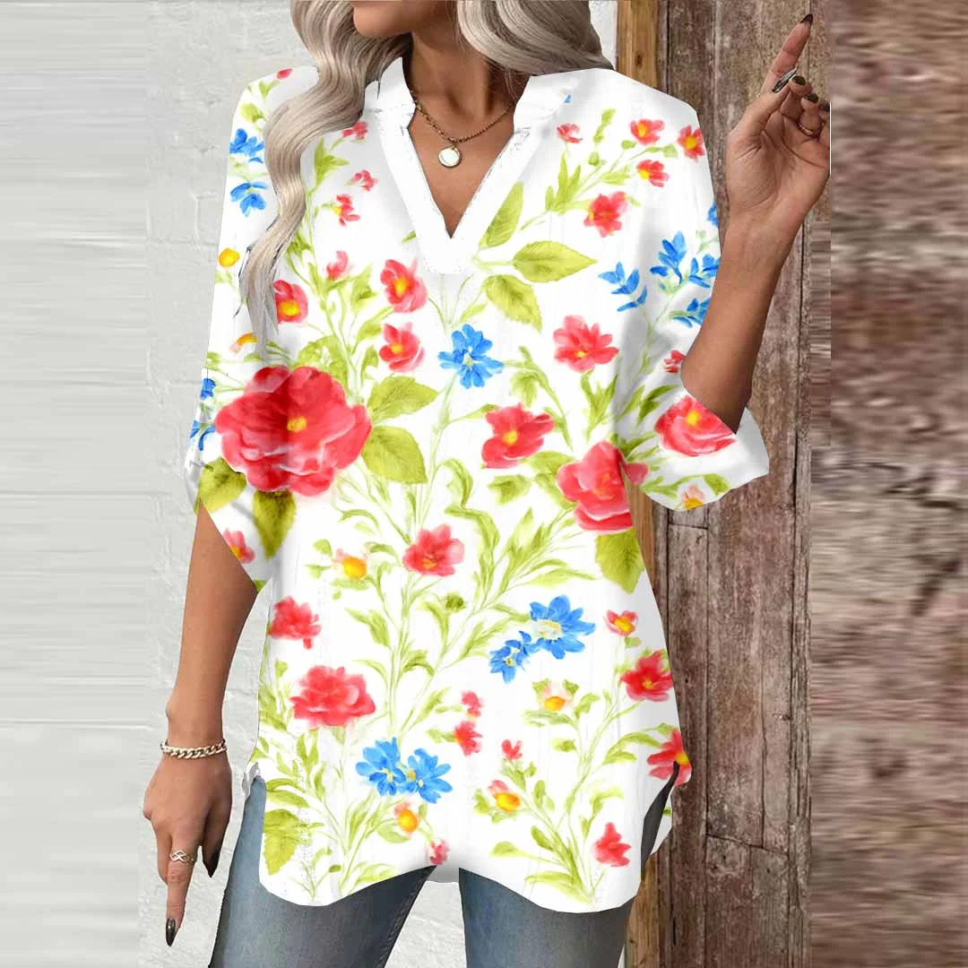 Women Floral,Red DZGA0027 3/4 Sleeve V-neck Printed Graphic Button Tops