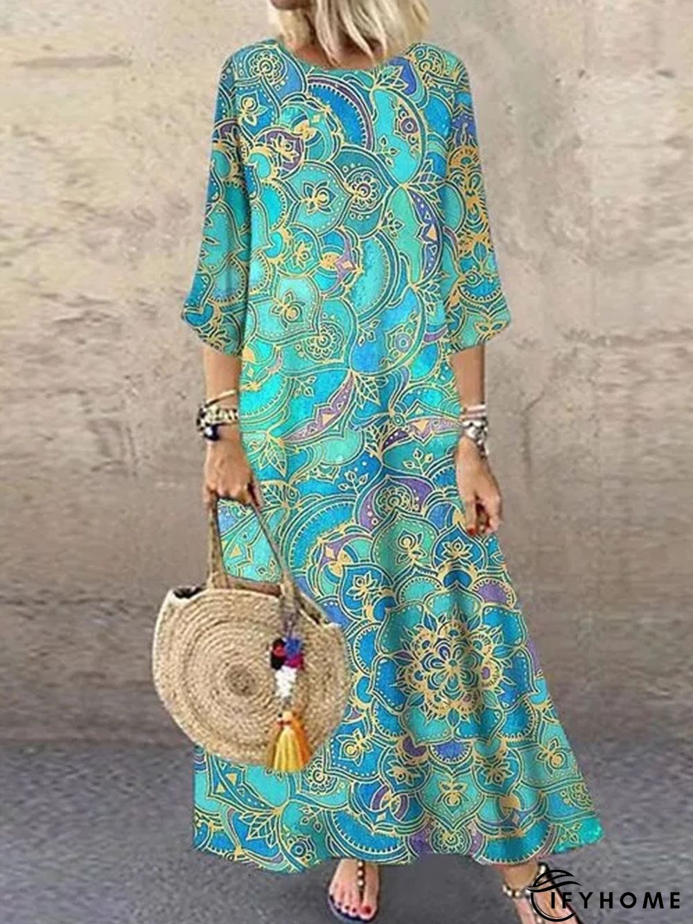 Elegant Floral Tunic Round Neckline Shift Dress | IFYHOME