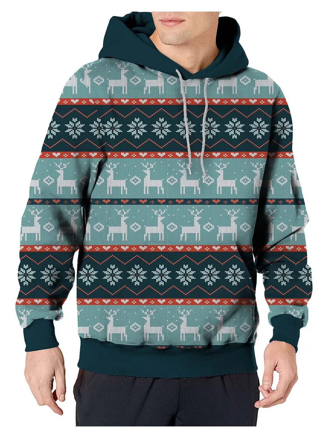 Men's Casual Sports Christmas Reindeer Series 3D Digital Printed Hooded Pullover