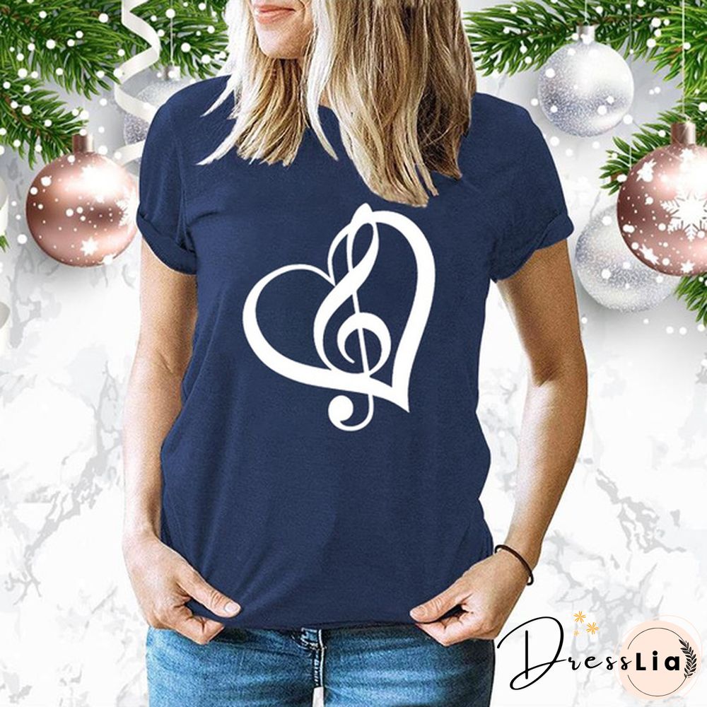Cute Music Printed T-Shirts Women Short Sleeve Funny Round Neck Tee Shirt Casual Summer Tops