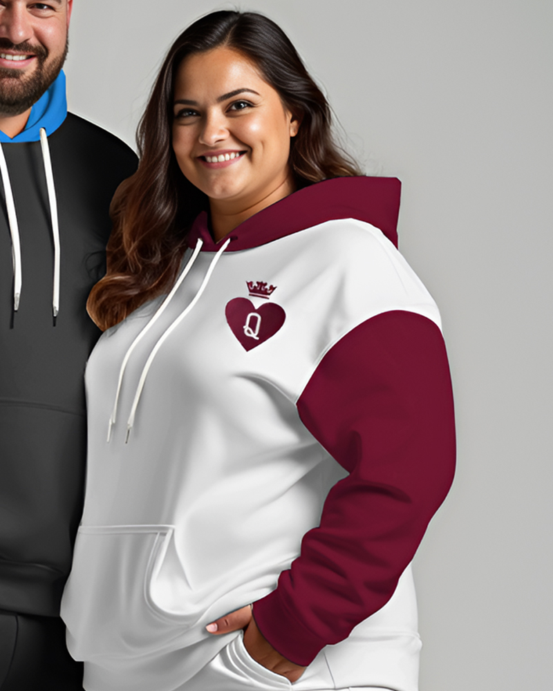 Couple Plus Size Contrast Color Playing Cards Print Hoodie Set