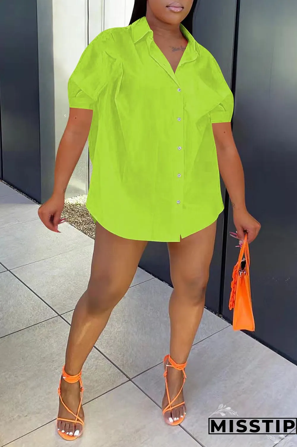 Fluorescent Green Casual Solid Patchwork Buckle Turndown Collar Tops