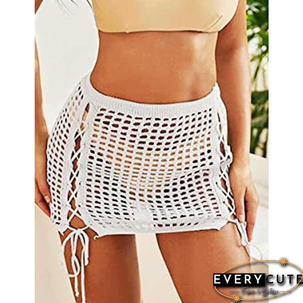 White Hollow-out Side Drawstring Beachwear Mini Skirt