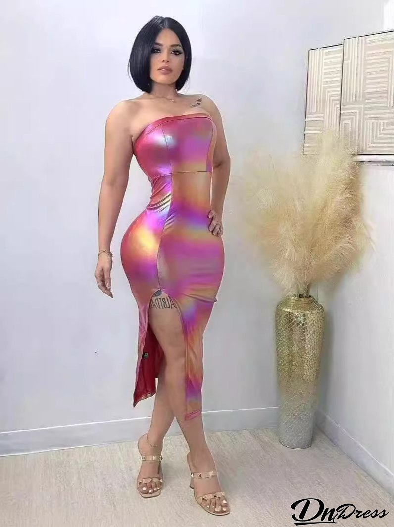 Women Clothing Features Shiny Gradient Pu-Leather High Slit Chest Wrap Dress