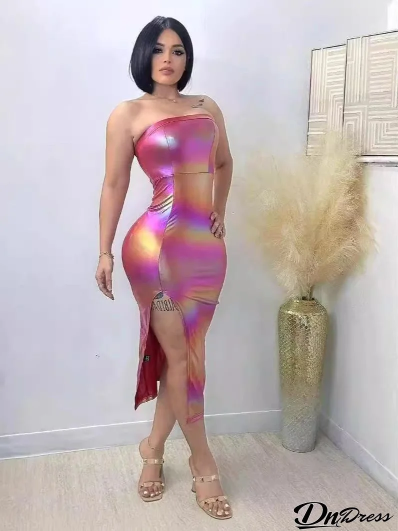 Women Clothing Features Shiny Gradient Pu-Leather High Slit Chest Wrap Dress