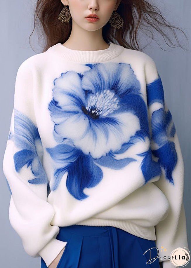 New White O Neck Print Cozy Knit Sweaters Fall