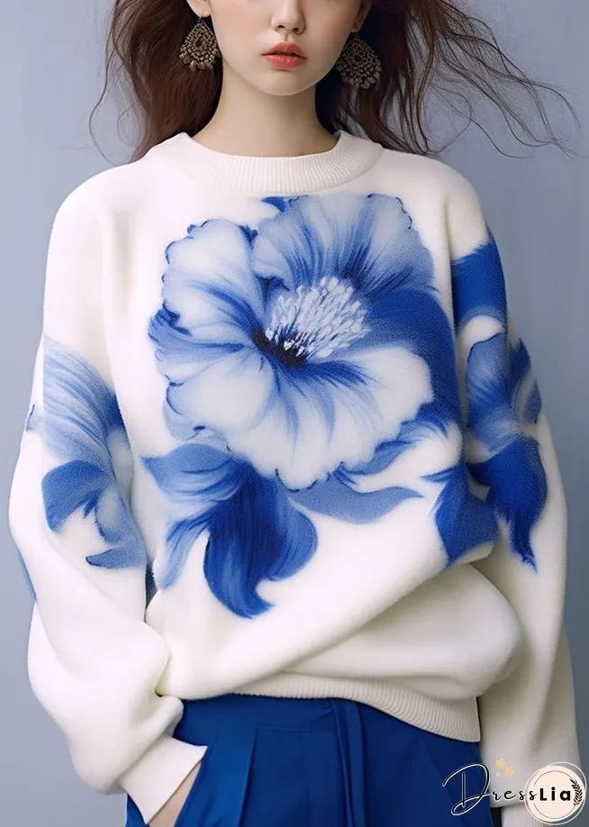 New White O Neck Print Cozy Knit Sweaters Fall