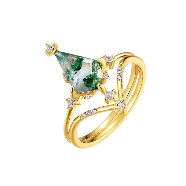 Olivenorma 2Pcs Diamond Moss Agate Crown Design Ring