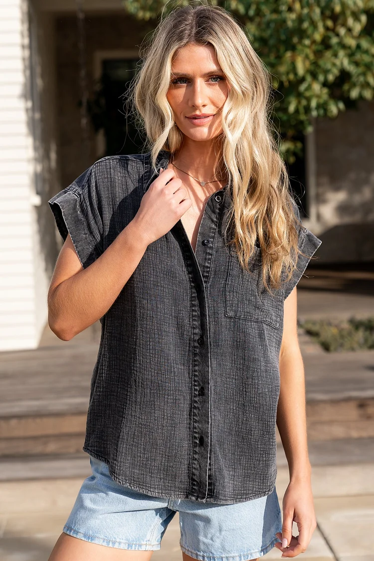 Casual Button Down Top - Washed Black