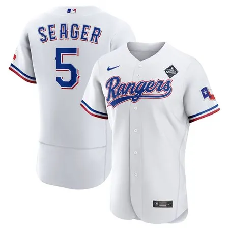 Men's Texas Rangers #5 Corey Seager White 2023 World Series Flex Base Stitched Baseball Jersey