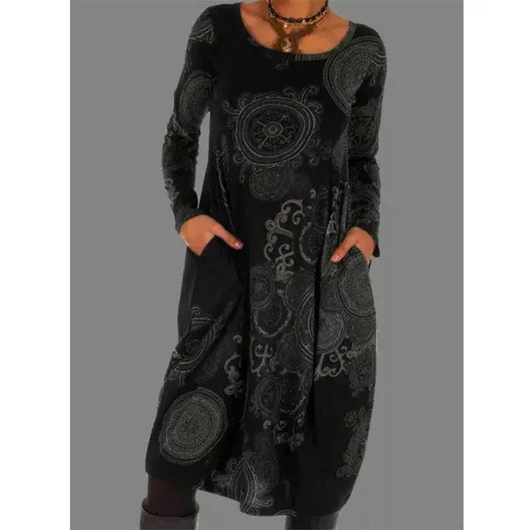 Brownm Polyester Fiber Women's Print Dress Long Pullover