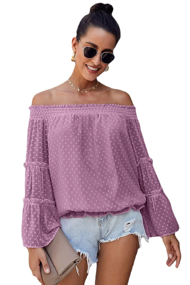 Uveng Long Dot Sleeve Chiffon Off-shoulder Off-the-neck Hollow-out Loose Top