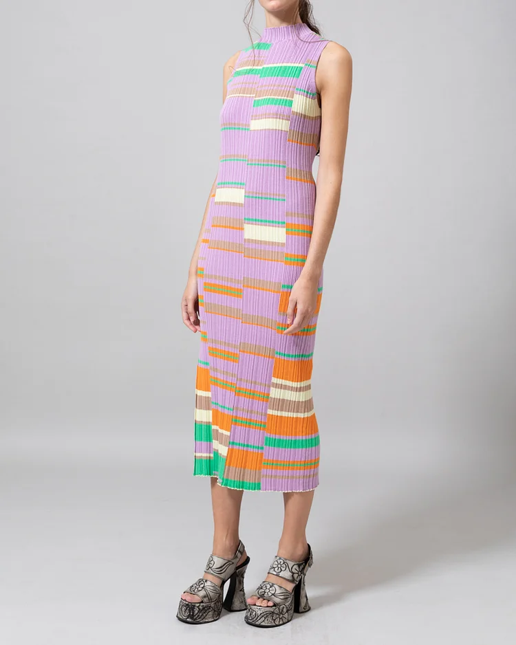 High-neck slim-fit pleated dress