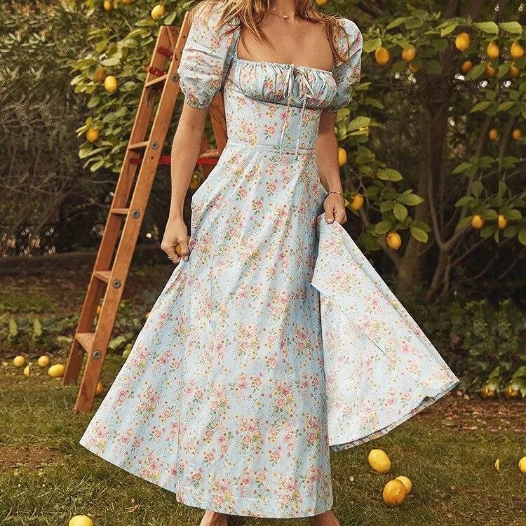 Yissang Floral Print Puff Short Sleeve Women Dress High Split Party Long Dresses Elegant Lace Up Sweet Dresses Woman Summer 2023