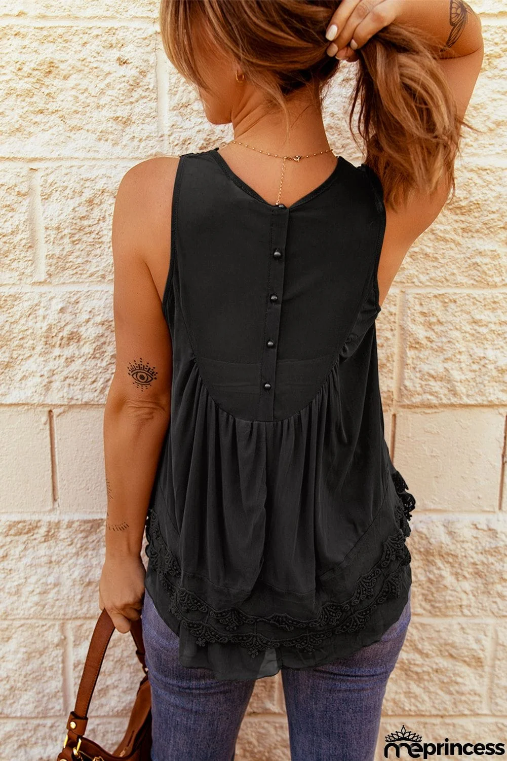 Lace Detail Buttons Back Sleeveless Top