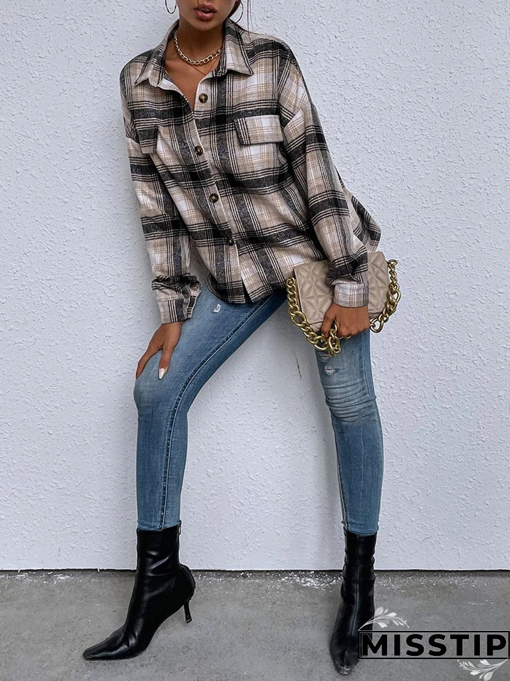 Classic Thick Colorblock Checked Button Down Shirt Jacket Woolen