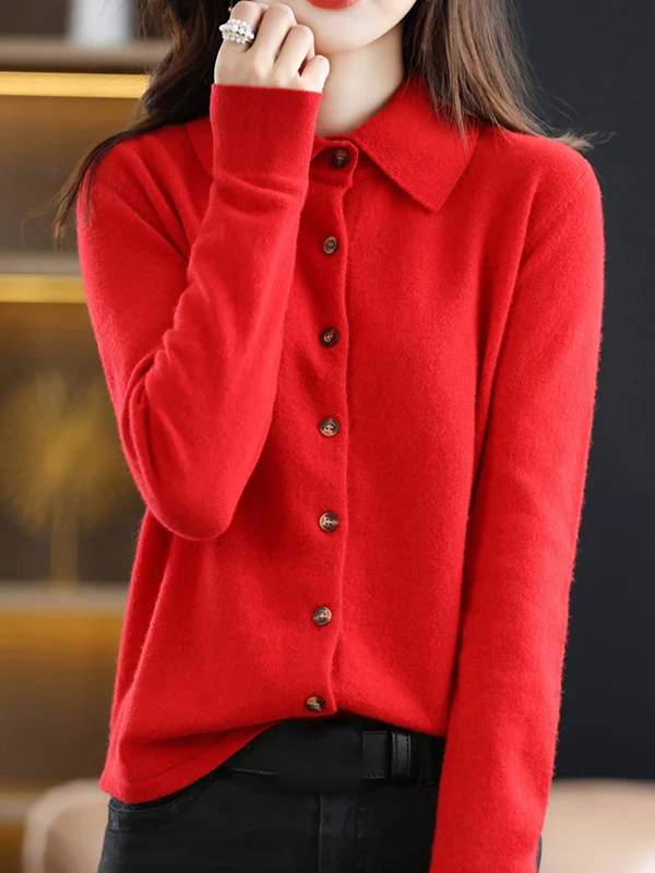 Casual Roomy Long Sleeves Buttoned Pure Color Lapel Collar Cardigan Tops