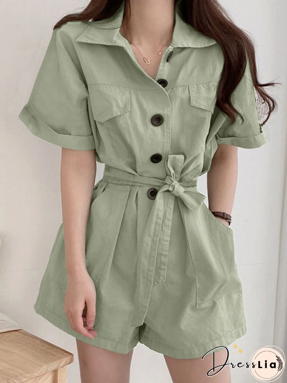 Solid Button Front Lapel Pocket Cargo Romper With Belt