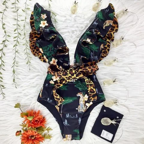 Flaxmaker Ruffle Lace Up Leopard Print Swimsuit