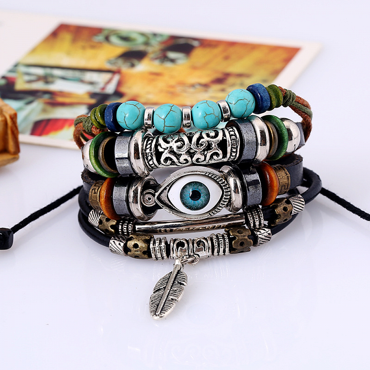 Men's bracelet beaded multi-layer blue eyes cowhide bracelet