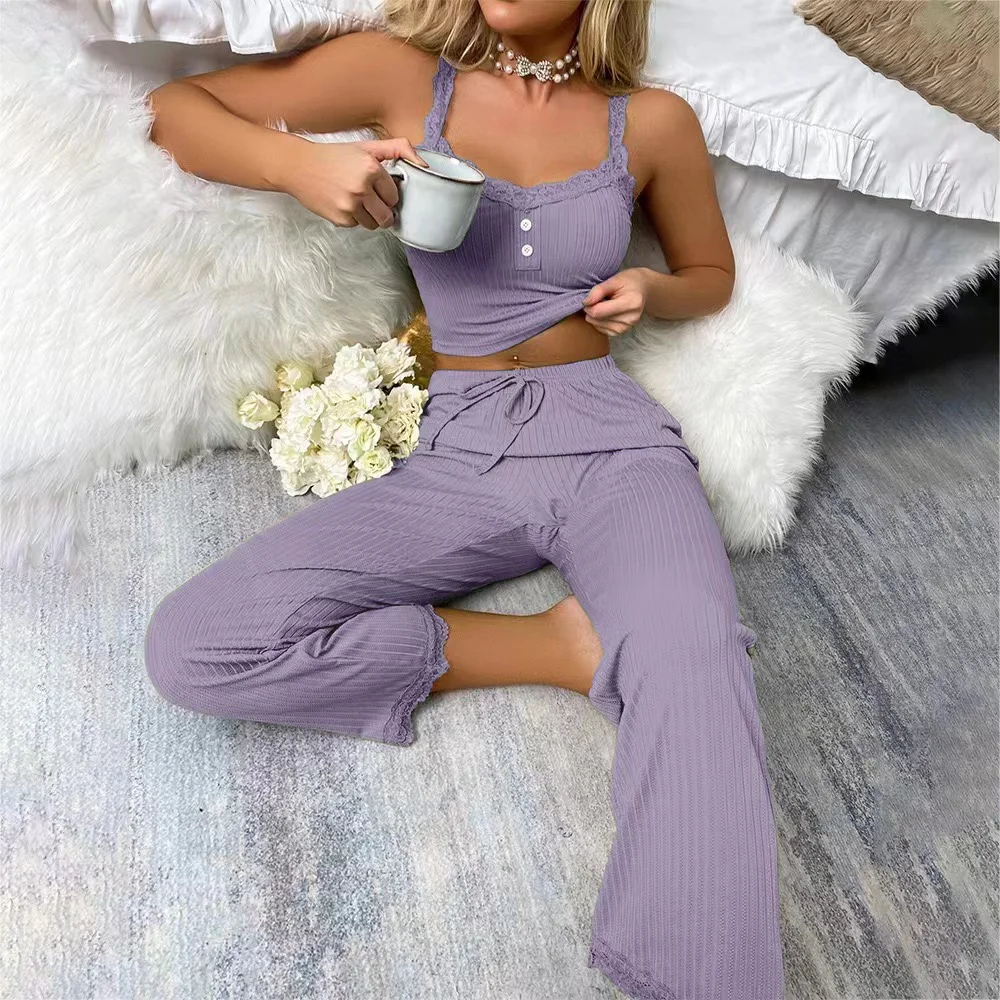 Uveng 2024 Casual Pajamas Female Summer Lace Sling Trousers Sexy Hot Girl Home Clothes Two