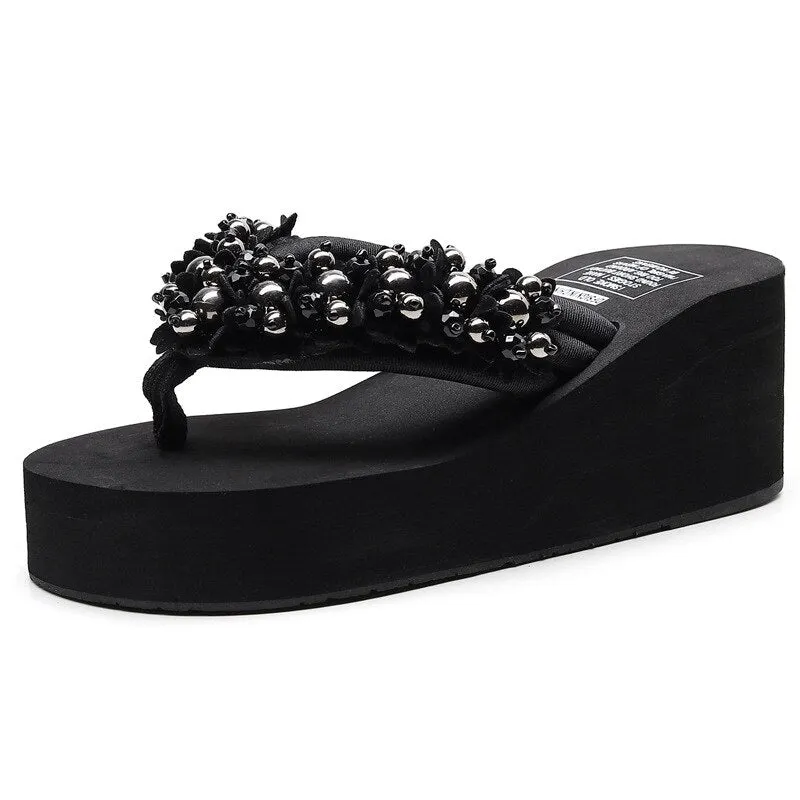5cm High Heel Women's Beaded Flip-flops Women's Non-slip Slope with Sandals and Slippers Wear Holiday Seaside Beach Shoes Women