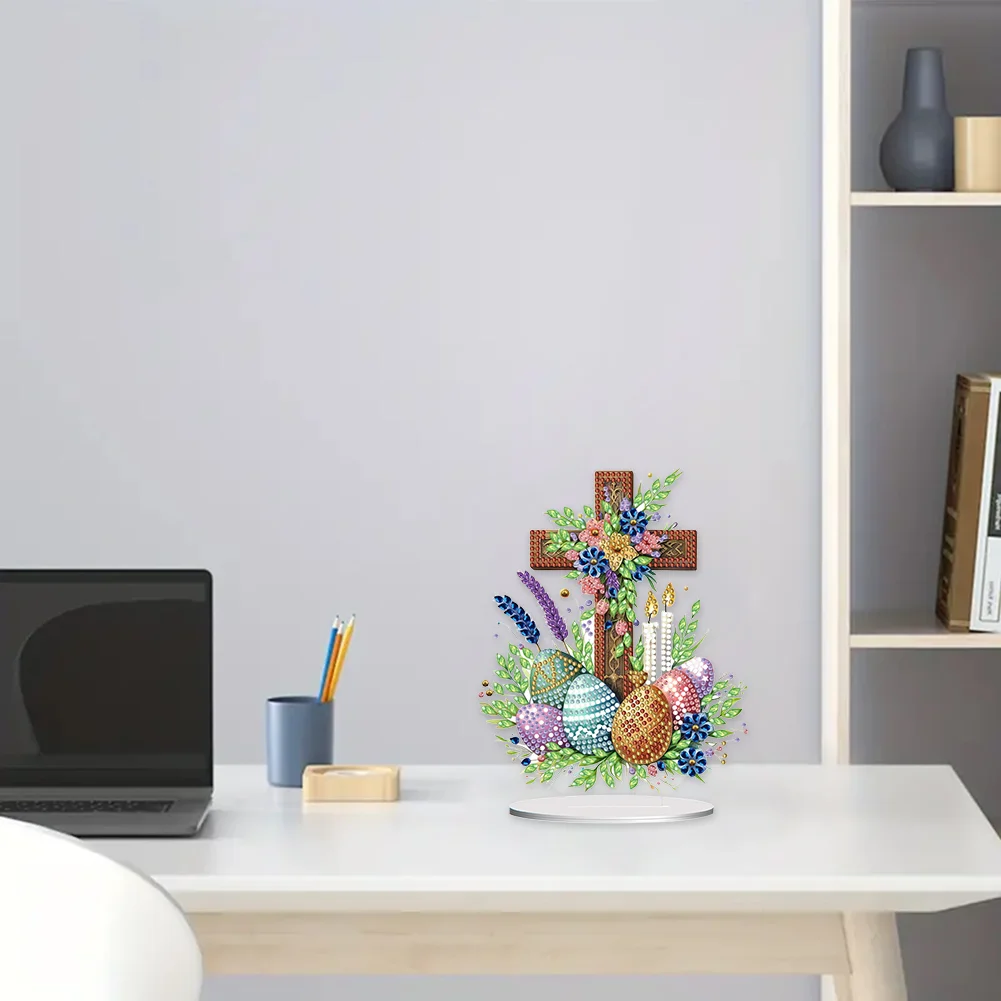 DIY Cross Easter Egg Single-Sided Acrylic Diamond Painting Tabletop Ornament for Home Office Desktop Decor