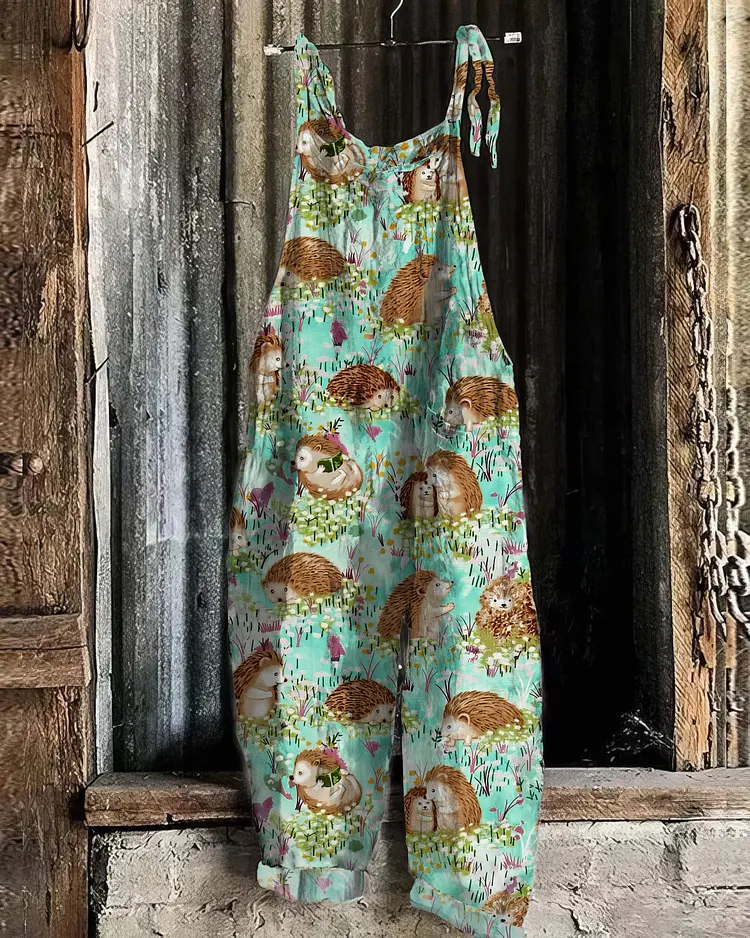 Vintage Hedgehog Village Pattern Casual Jumpsuit