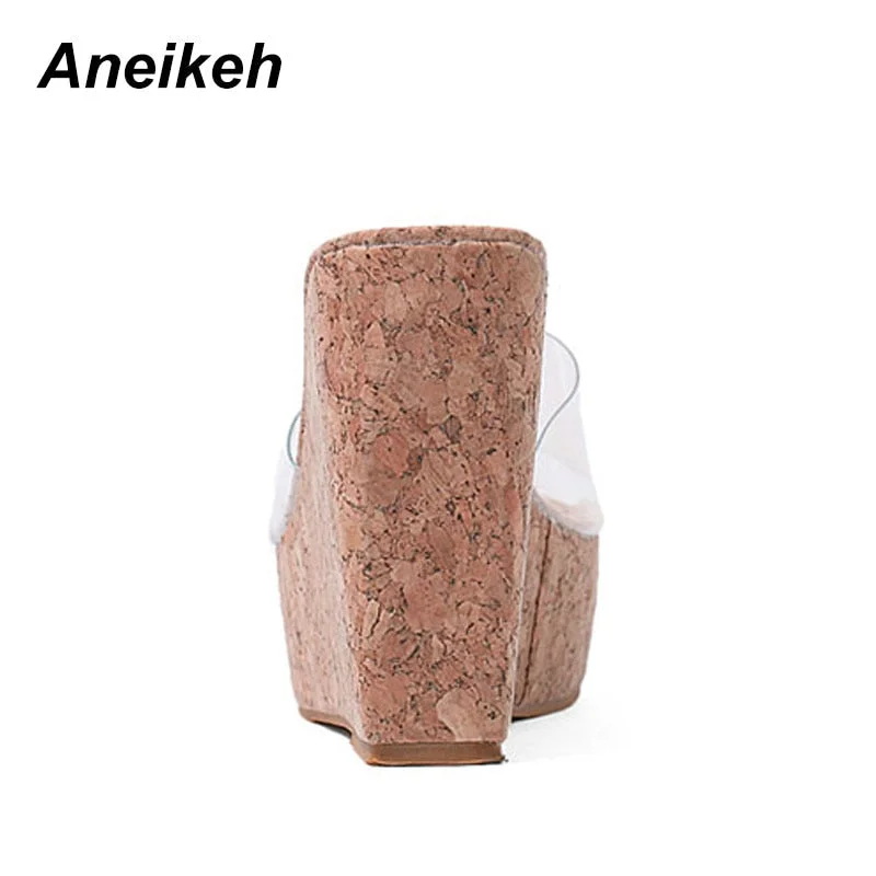 Aneikeh Sexy Summer Women Clear Transparent Platform Wedges Sandals Ultra High Heels Wooded Mule Silde Shoes Outdoor Creepers