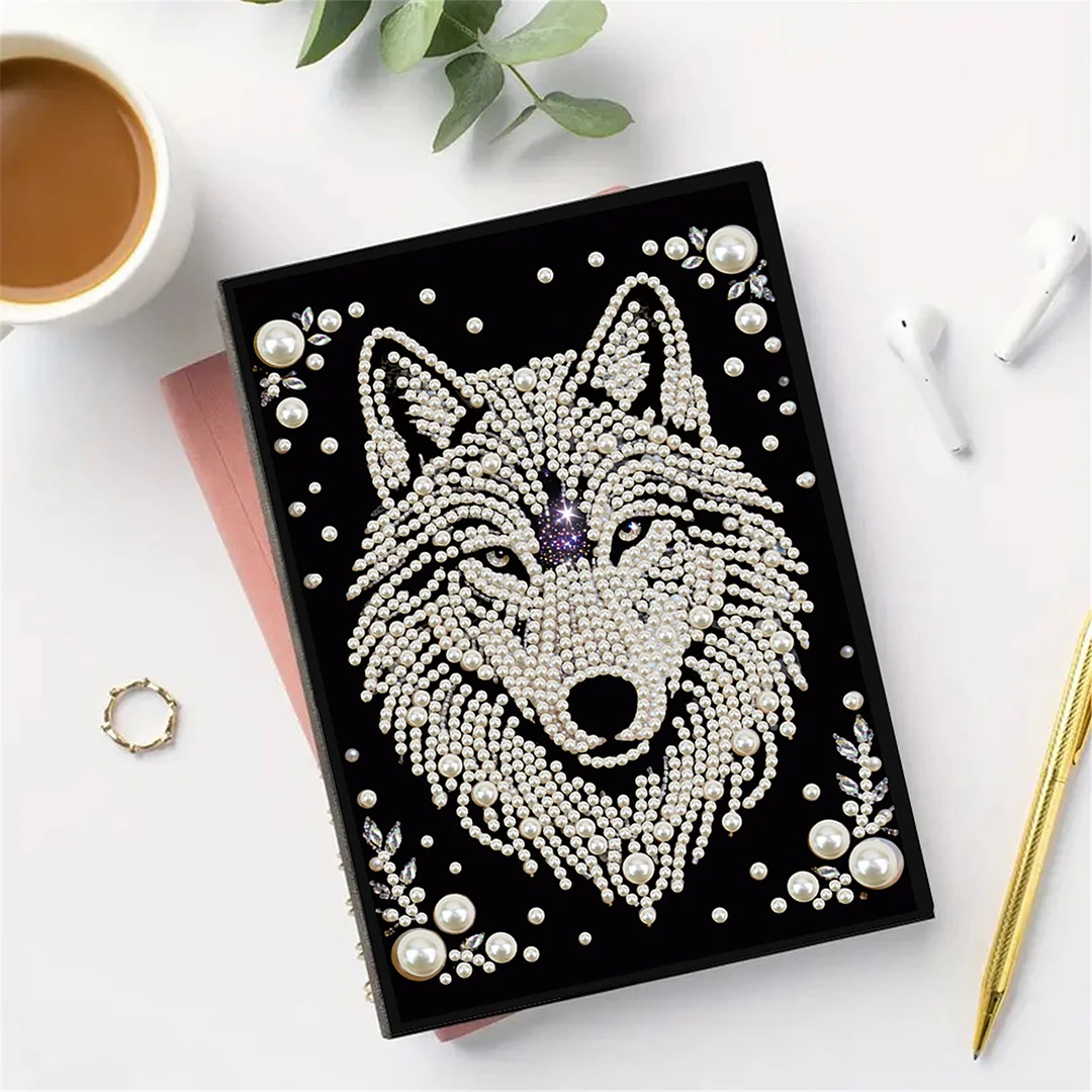 Wolves Partial Pearl DIY 50 Pages A5 Diamond Painting Notebook Special Shaped Diamond Art Diary Book Kits Wireless Strip 5D Crystal Art Paintings Sketchbook for Art Drawing
