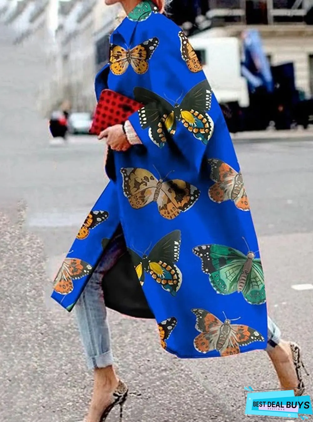 Long Flared Sleeve Printed Loose Coat
