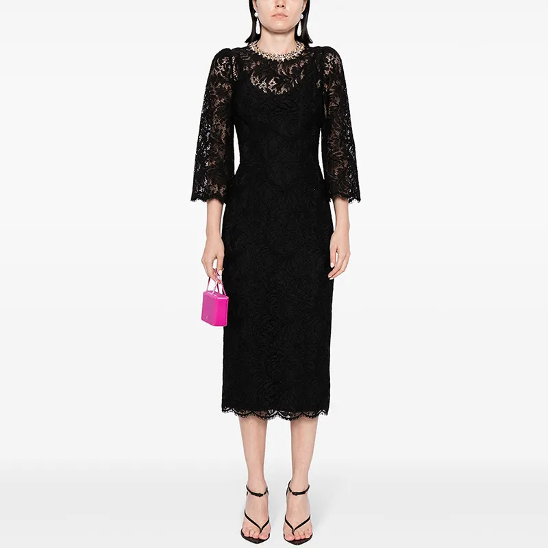 Nigikala Nigikala Spring And Summer New Star Fashion Nails Studded Long Sleeves Of Water-Soluble Lace Dress