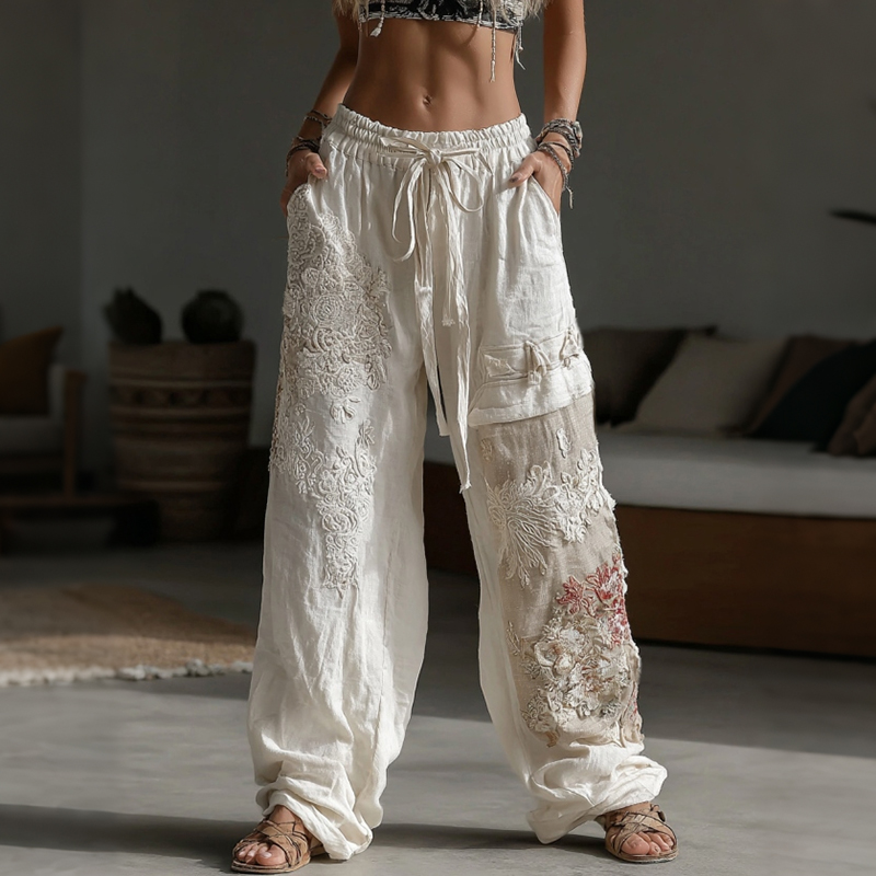 Japanese Floral Patchwork Art Embroidered Linen Pants elevenforest