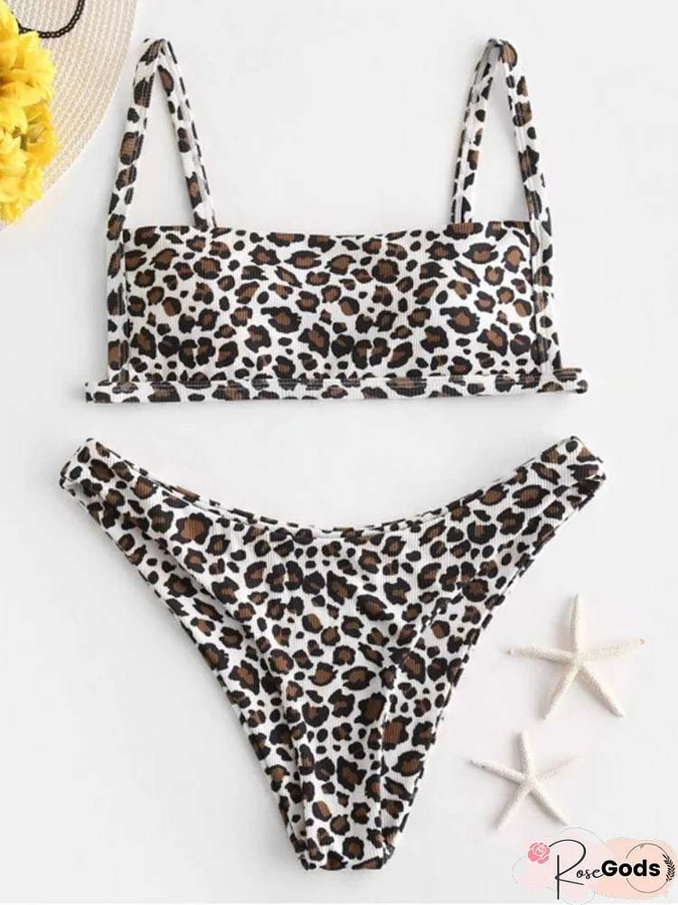 New Summer Leopard Print Bikini Sexy One Line Rag Top Low Waist Women's Split Swimsuit Two-Piece Swimsuit Beach Style Bikini Set